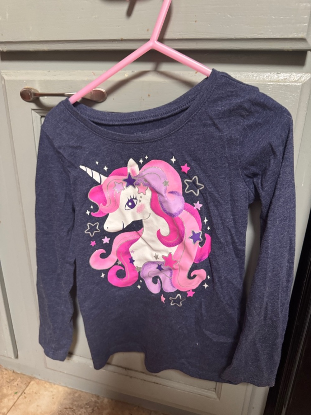 Girls' Navy Unicorn Long-Sleeve Top with Pink Accents